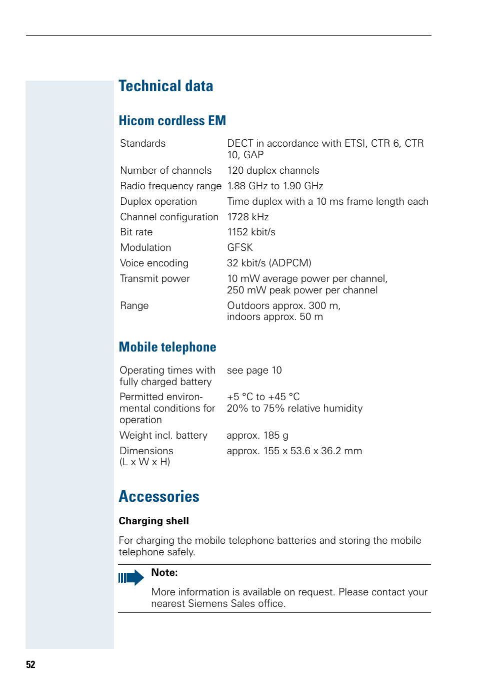 Technical data, Hicom cordless em, Mobile telephone | Accessories, Hicom cordless em mobile telephone | Siemens Hicom 150 E User Manual | Page 60 / 66