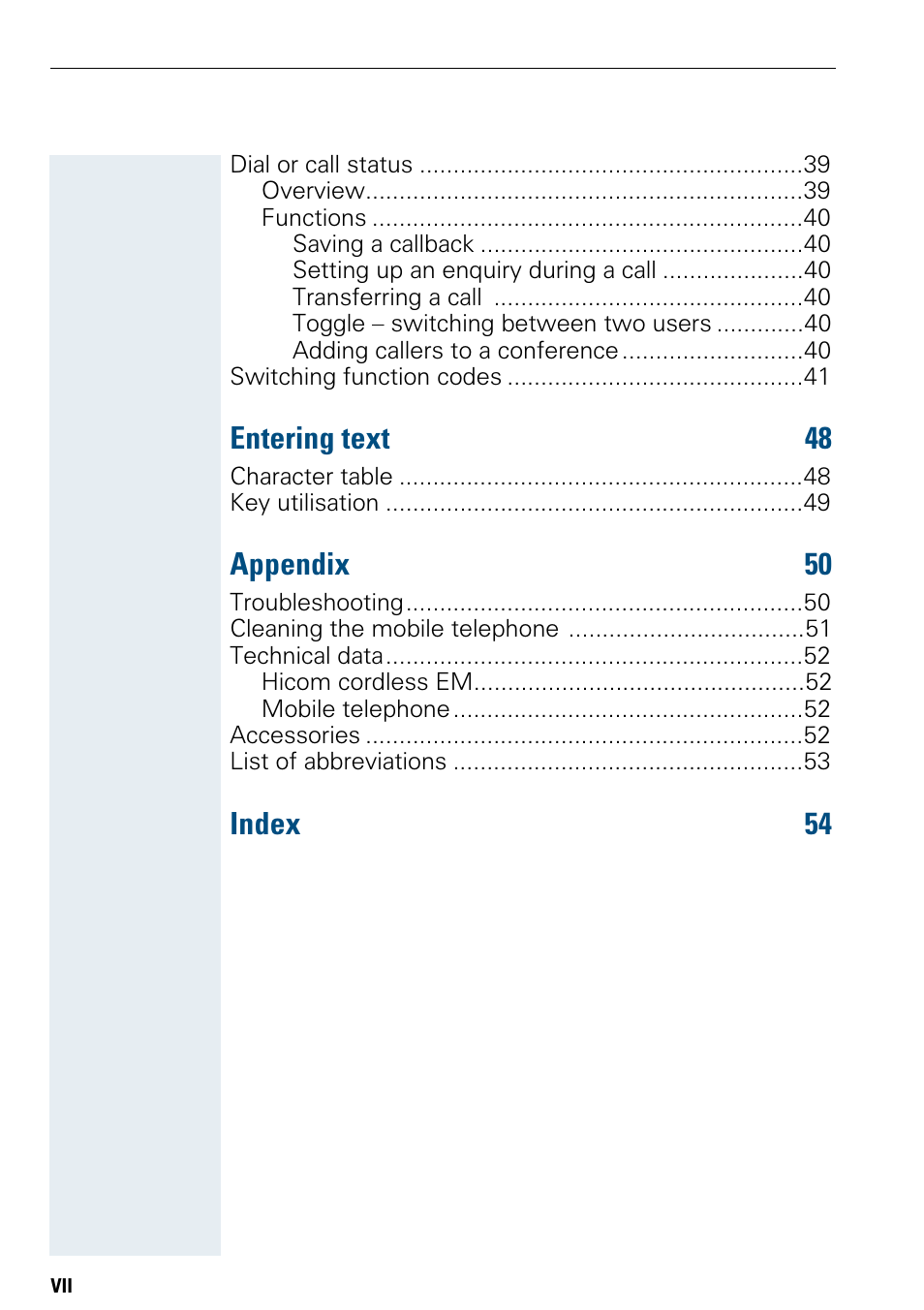 Entering text 48, Appendix 50, Index 54 | Siemens Hicom 150 E User Manual | Page 8 / 66