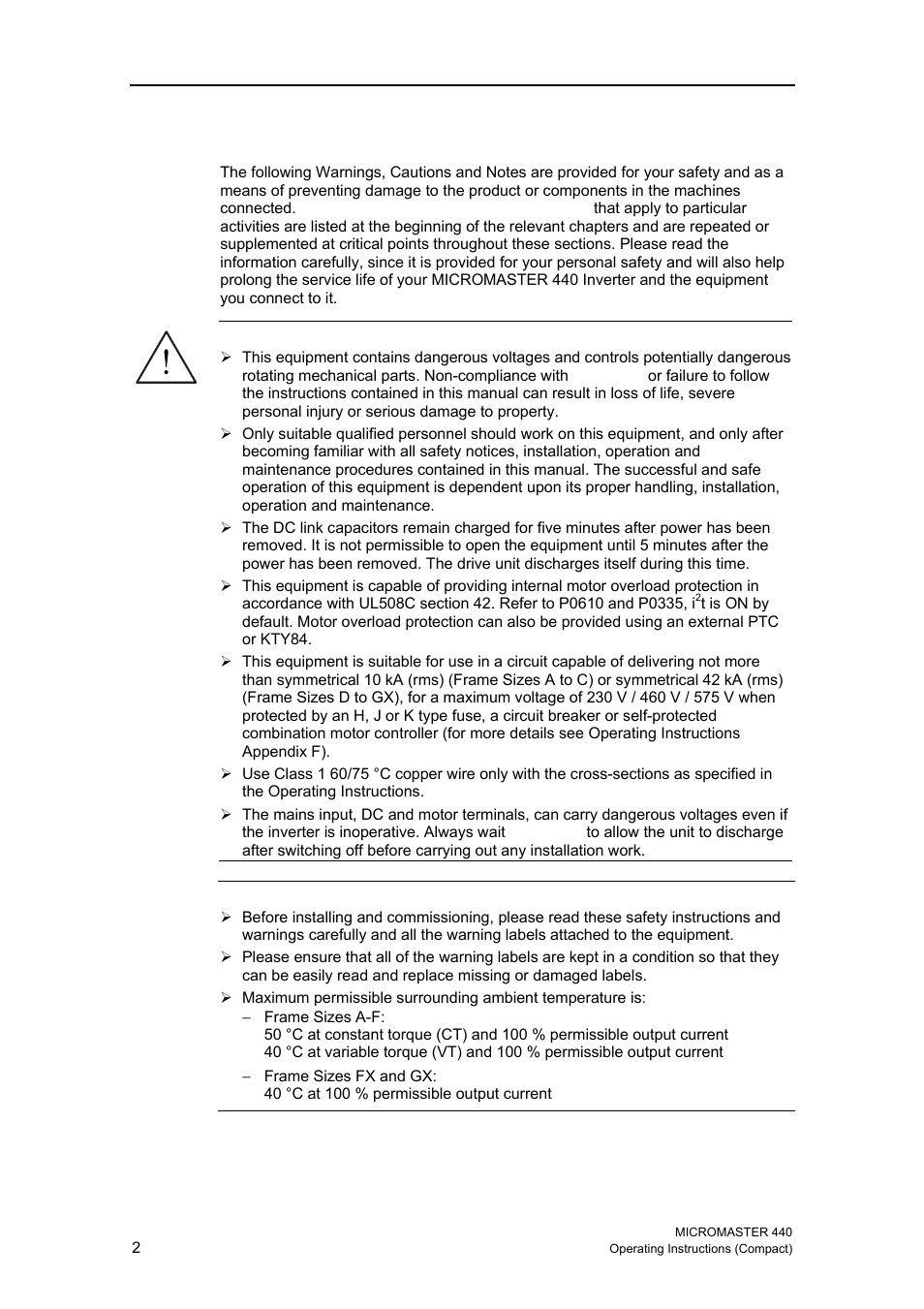 Warnings, cautions and notes | Siemens MICROMASTER 440 User Manual | Page 2 / 78