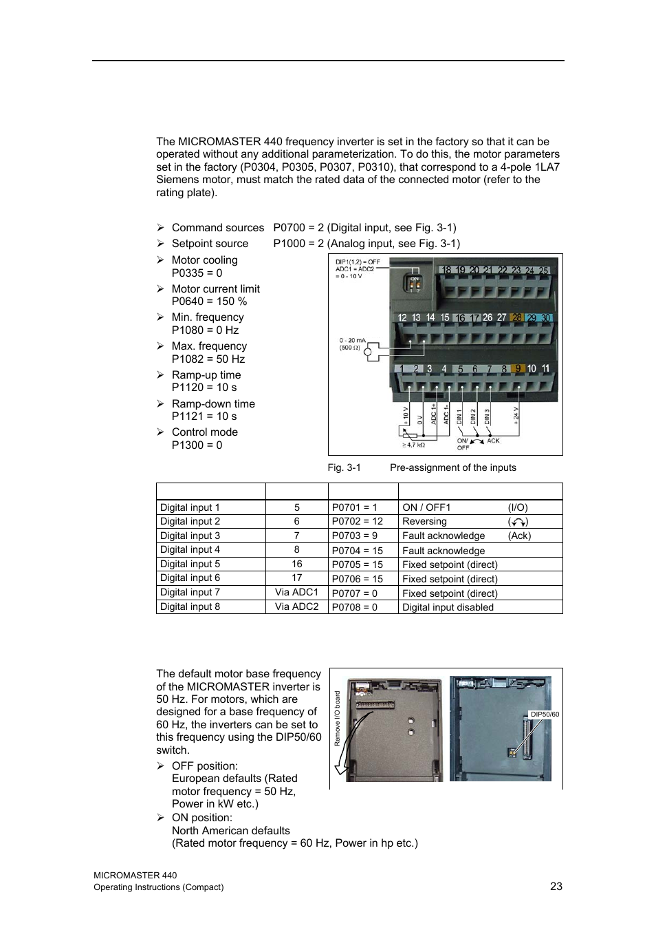 3 factory setting, 1 50/60 hz dip switch | Siemens MICROMASTER 440 User Manual | Page 23 / 78