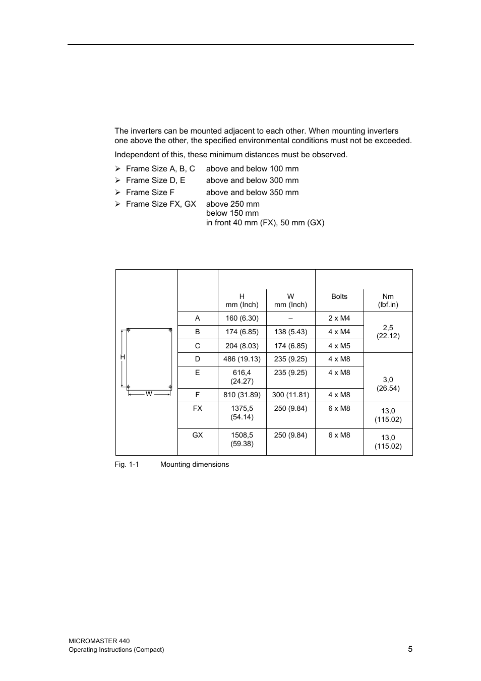 1 installation, 1 clearance distances for mounting, 2 mounting dimensions | Siemens MICROMASTER 440 User Manual | Page 5 / 78