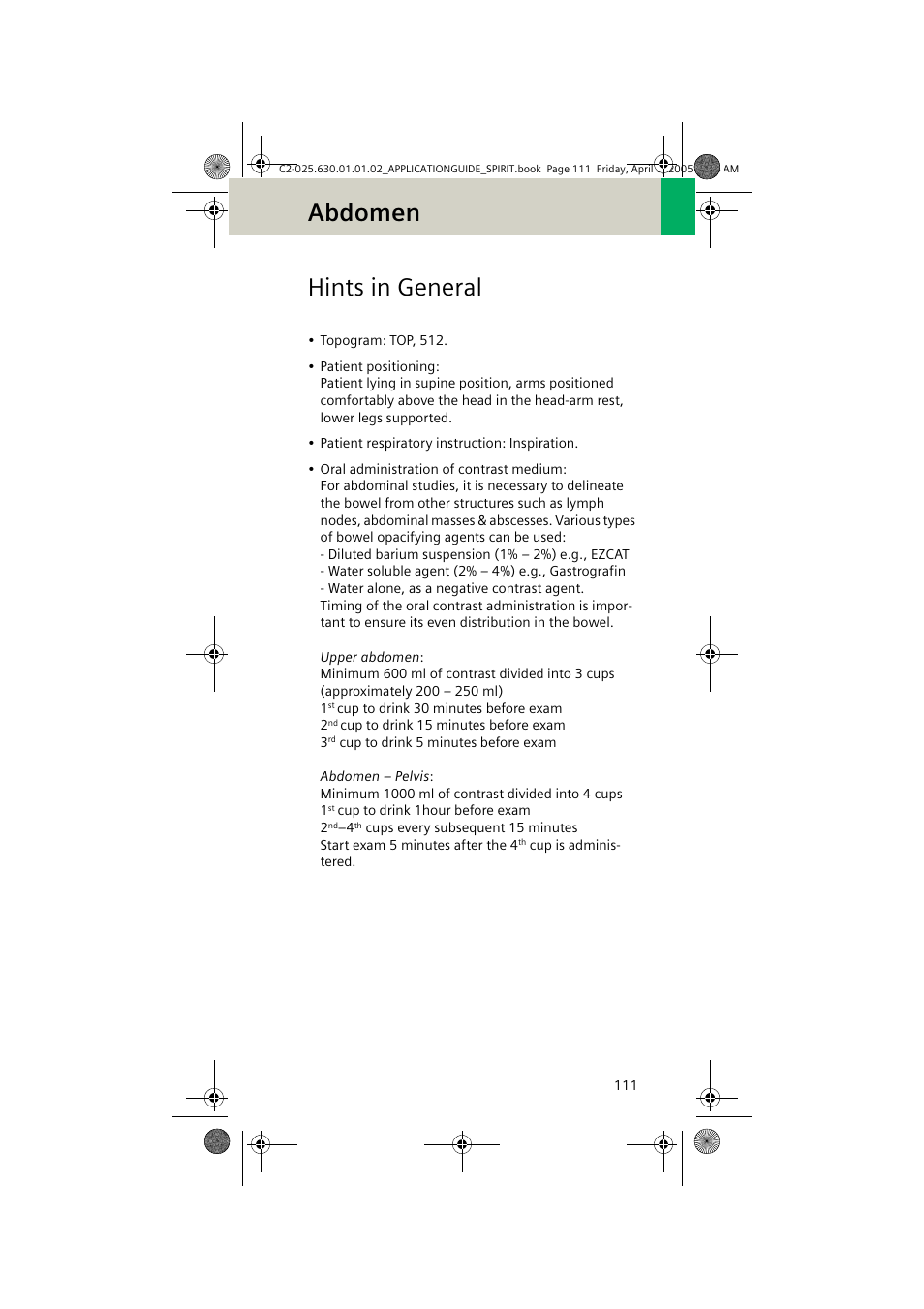 Hints in general, Abdomen | Siemens syngo CT 2005C User Manual | Page 111 / 321