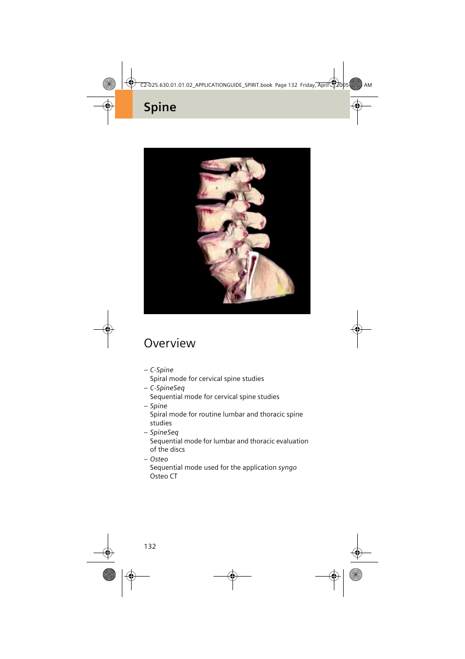 Spine, Overview, Spine overview | Siemens syngo CT 2005C User Manual | Page 132 / 321