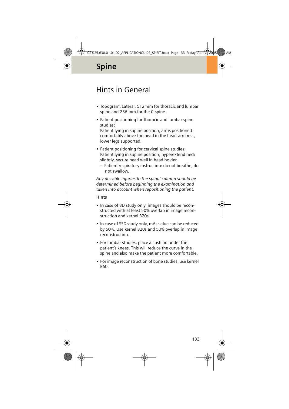 Hints in general, Spine | Siemens syngo CT 2005C User Manual | Page 133 / 321