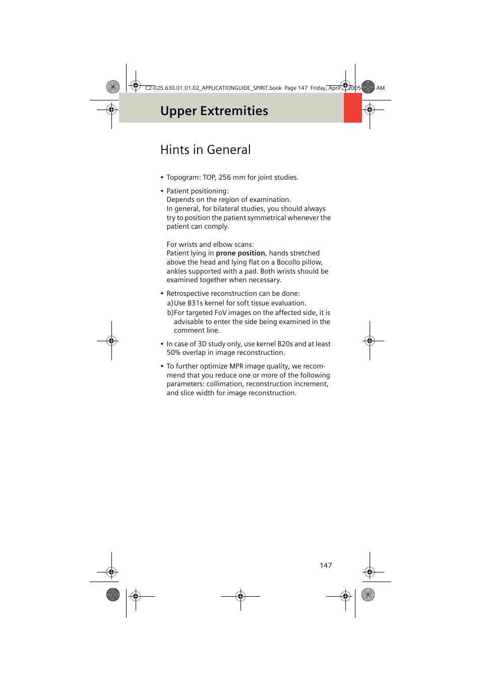 Hints in general, Upper extremities | Siemens syngo CT 2005C User Manual | Page 147 / 321