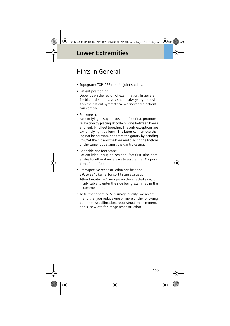 Hints in general, Lower extremities | Siemens syngo CT 2005C User Manual | Page 155 / 321