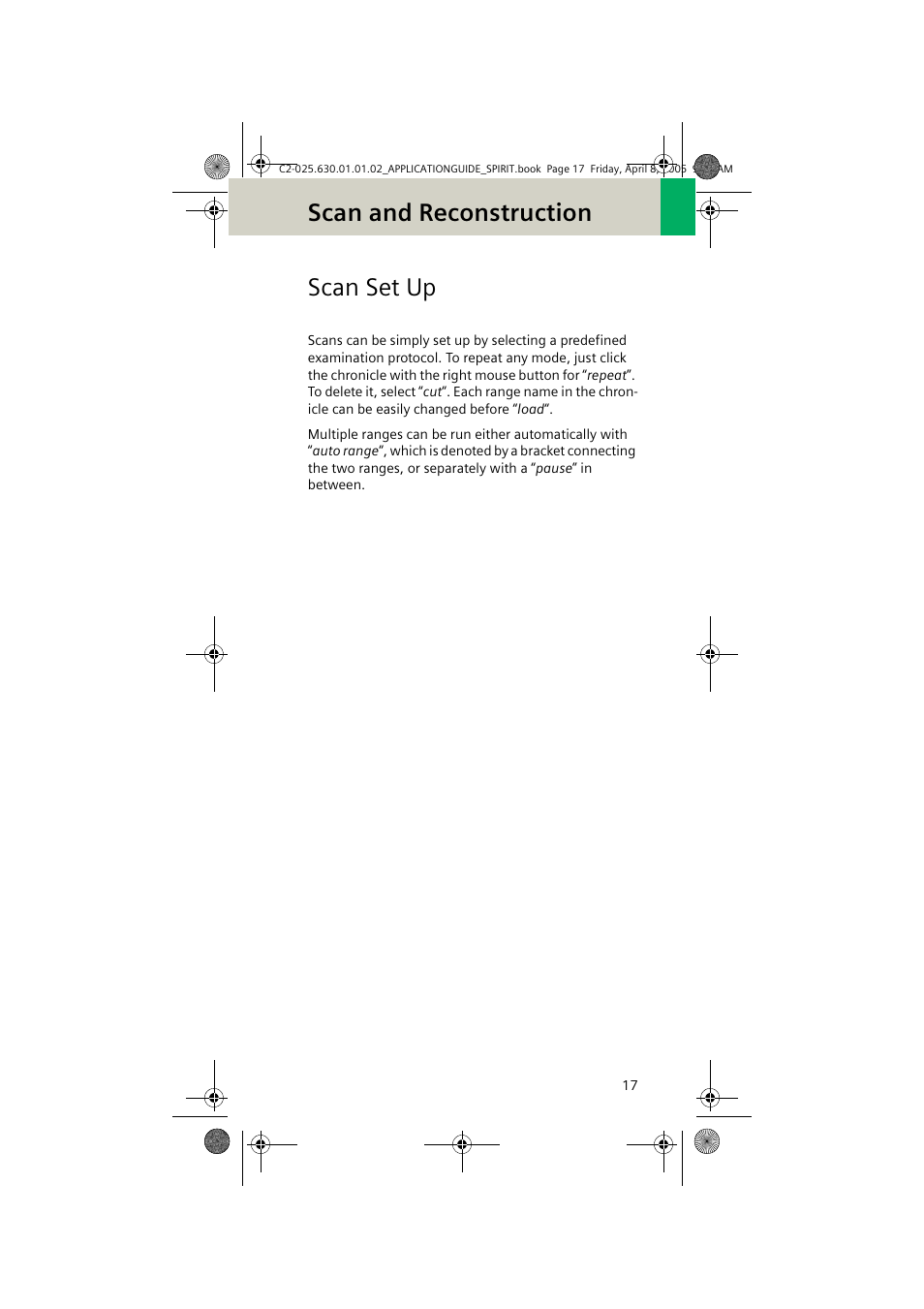 Scan set up, Scan and reconstruction | Siemens syngo CT 2005C User Manual | Page 17 / 321