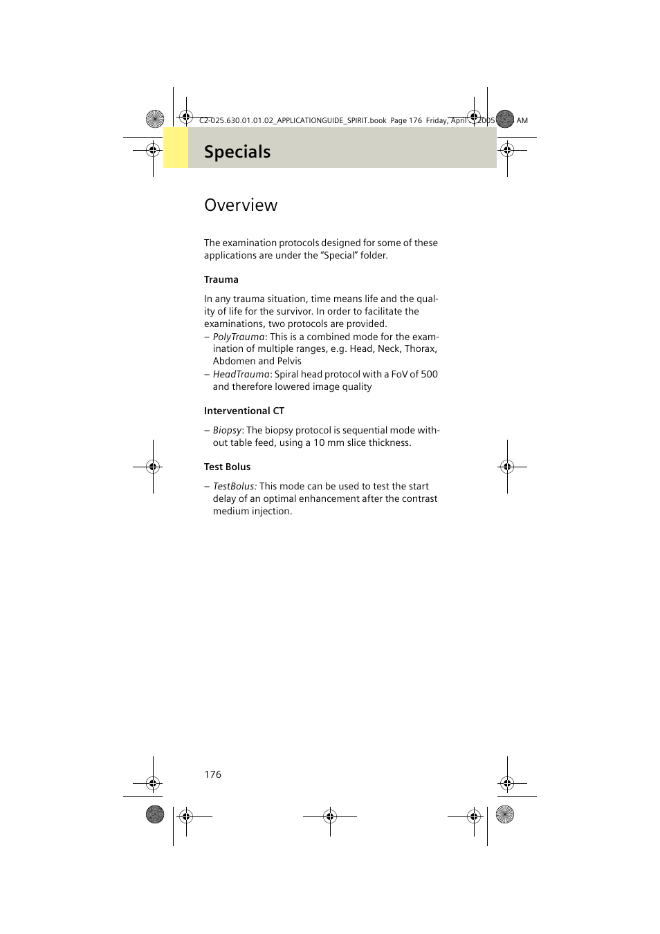 Specials, Overview, Trauma | Interventional ct, Test bolus, Specials overview | Siemens syngo CT 2005C User Manual | Page 176 / 321