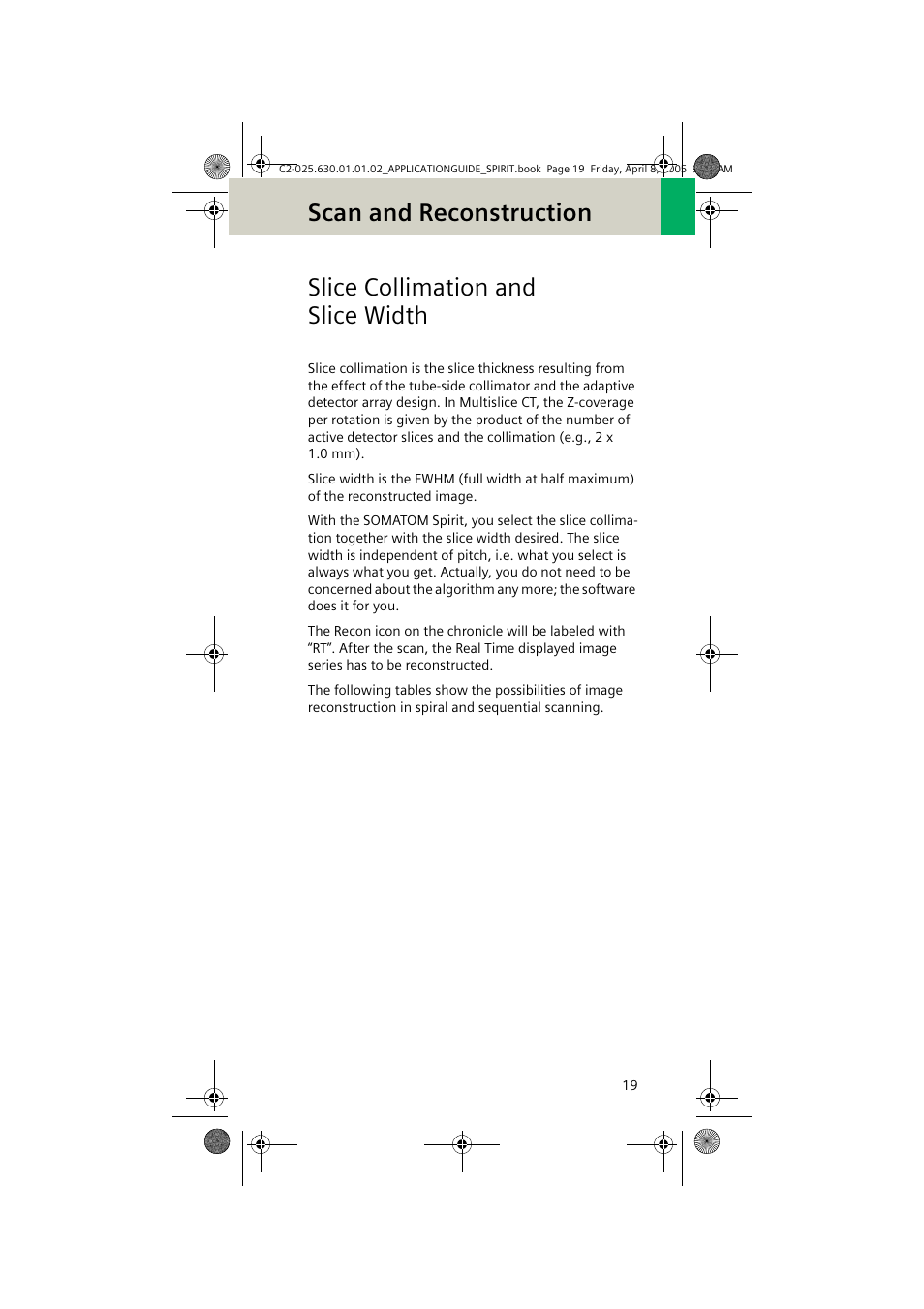 Slice collimation and slice width, Scan and reconstruction | Siemens syngo CT 2005C User Manual | Page 19 / 321