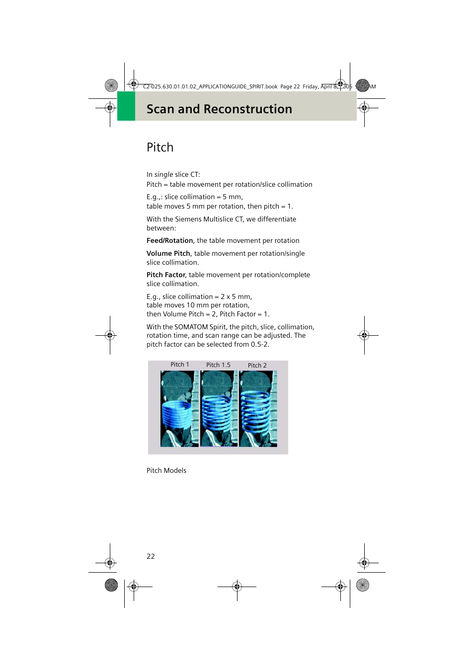 Pitch, Scan and reconstruction pitch | Siemens syngo CT 2005C User Manual | Page 22 / 321