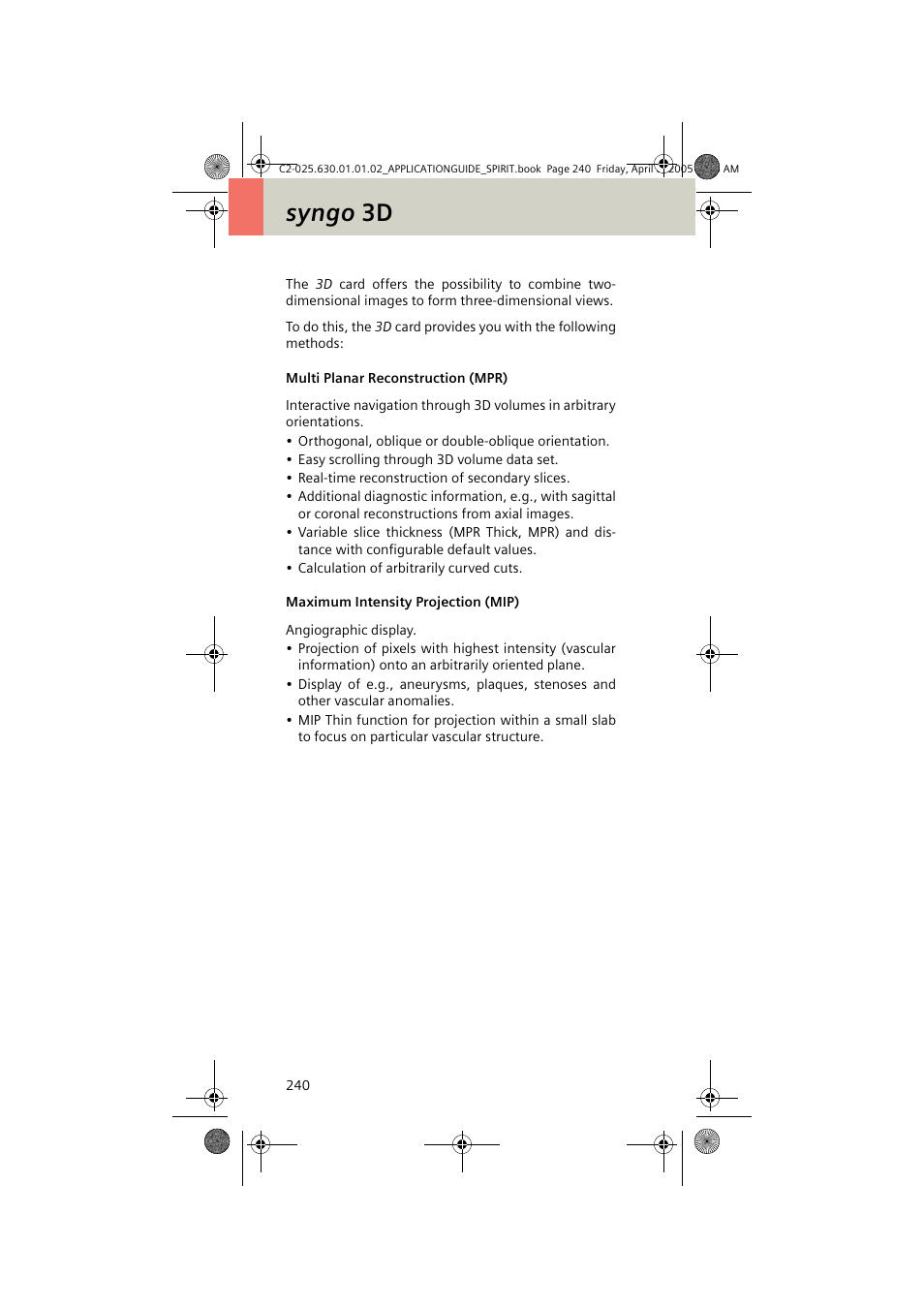 Syngo 3d, Multi planar reconstruction (mpr), Maximum intensity projection (mip) | Siemens syngo CT 2005C User Manual | Page 240 / 321
