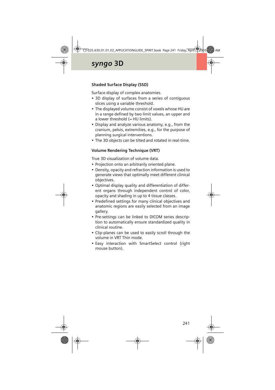 Shaded surface display (ssd), Volume rendering technique (vrt), Syngo 3d | Siemens syngo CT 2005C User Manual | Page 241 / 321