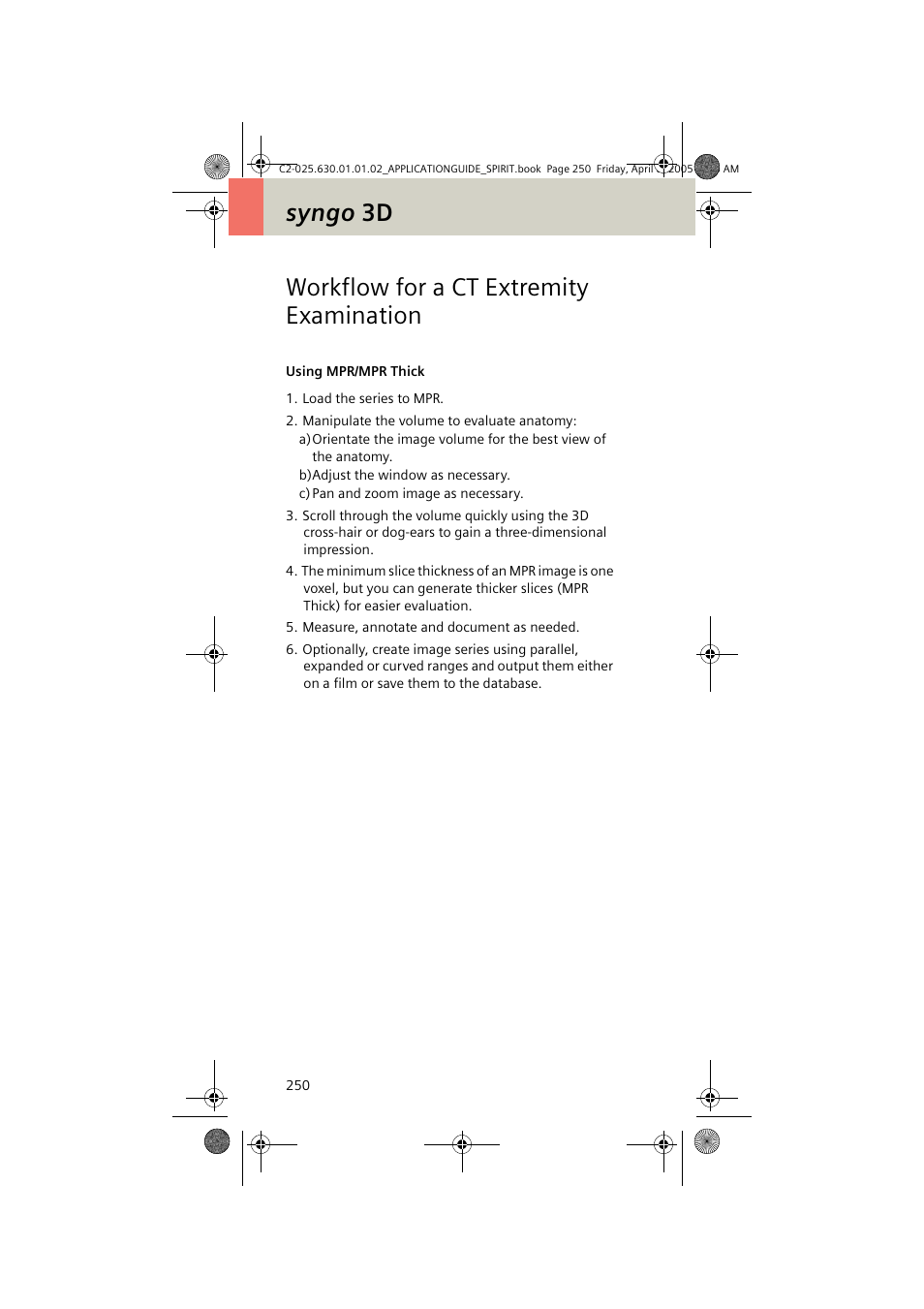 Workflow for a ct extremity examination, Using mpr/mpr thick, Syngo 3d workflow for a ct extremity examination | Siemens syngo CT 2005C User Manual | Page 250 / 321