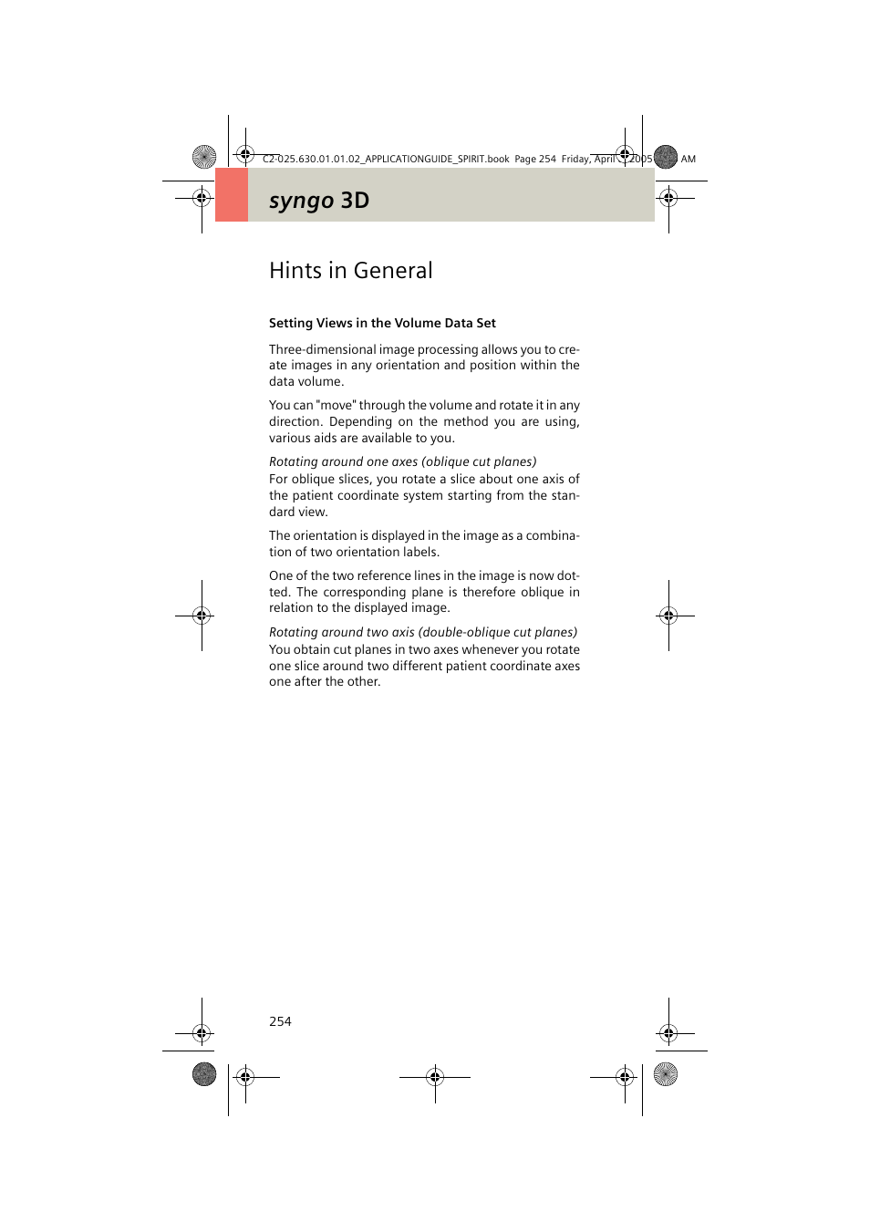Hints in general, Setting views in the volume data set, Syngo 3d hints in general | Siemens syngo CT 2005C User Manual | Page 254 / 321