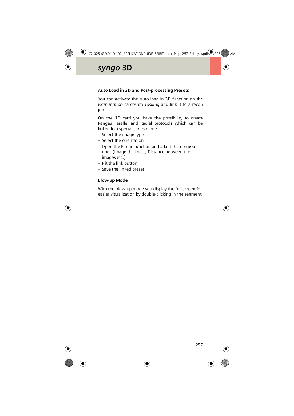 Auto load in 3d and post-processing presets, Blow-up mode, Auto load in 3d and post-processing | Presets 257, Syngo 3d | Siemens syngo CT 2005C User Manual | Page 257 / 321