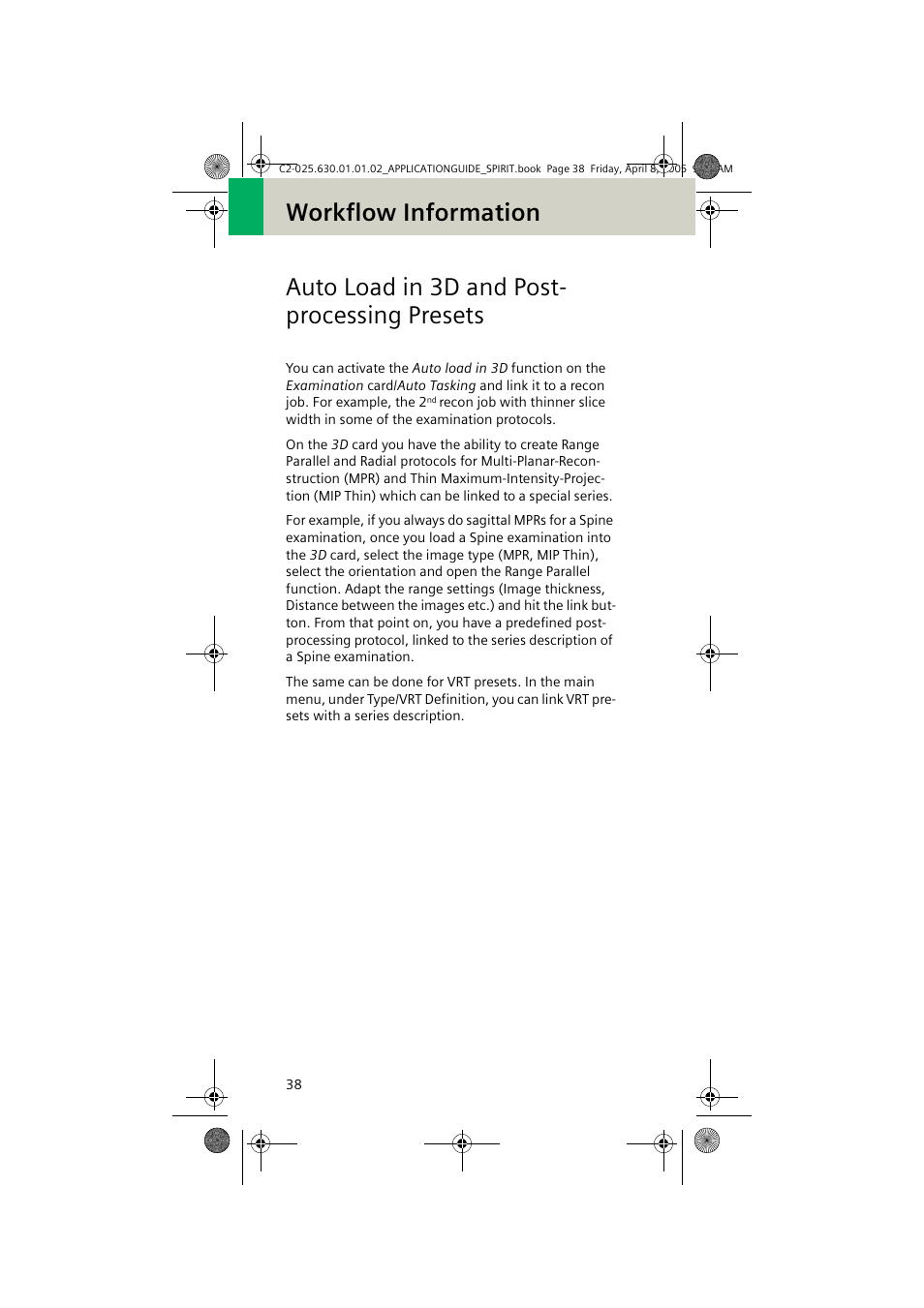 Auto load in 3d and post- processing presets, Auto load in 3d and post-processing, Presets | Siemens syngo CT 2005C User Manual | Page 38 / 321