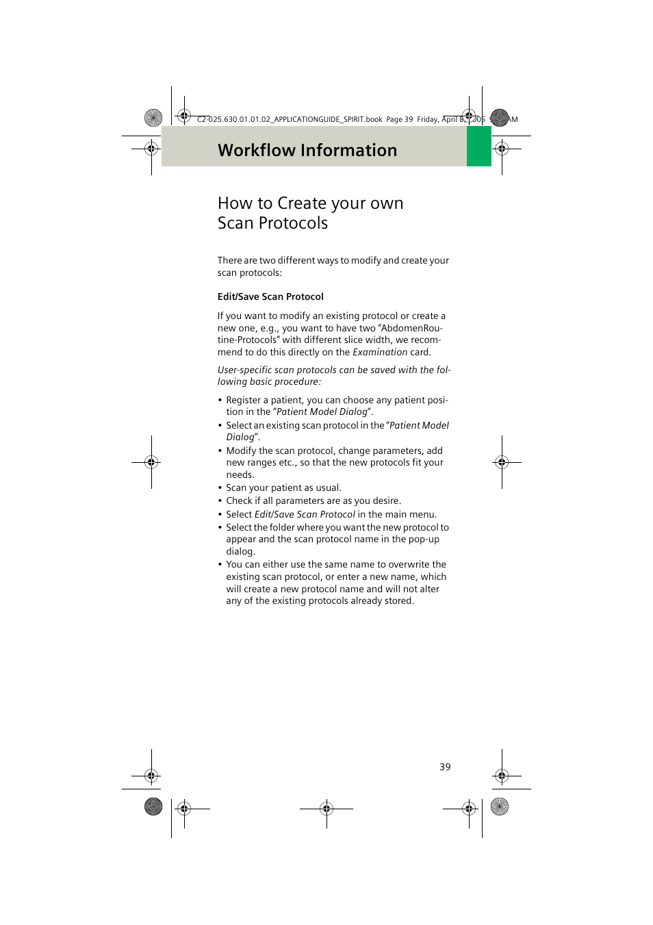 How to create your own scan protocols, Edit/save scan protocol, How to create your own | Scan protocols, Workflow information | Siemens syngo CT 2005C User Manual | Page 39 / 321