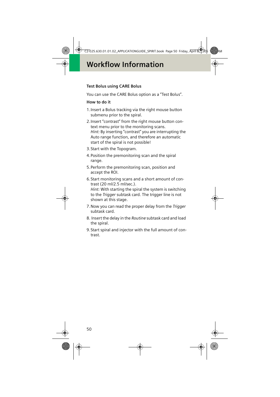 Test bolus using care bolus, Workflow information | Siemens syngo CT 2005C User Manual | Page 50 / 321