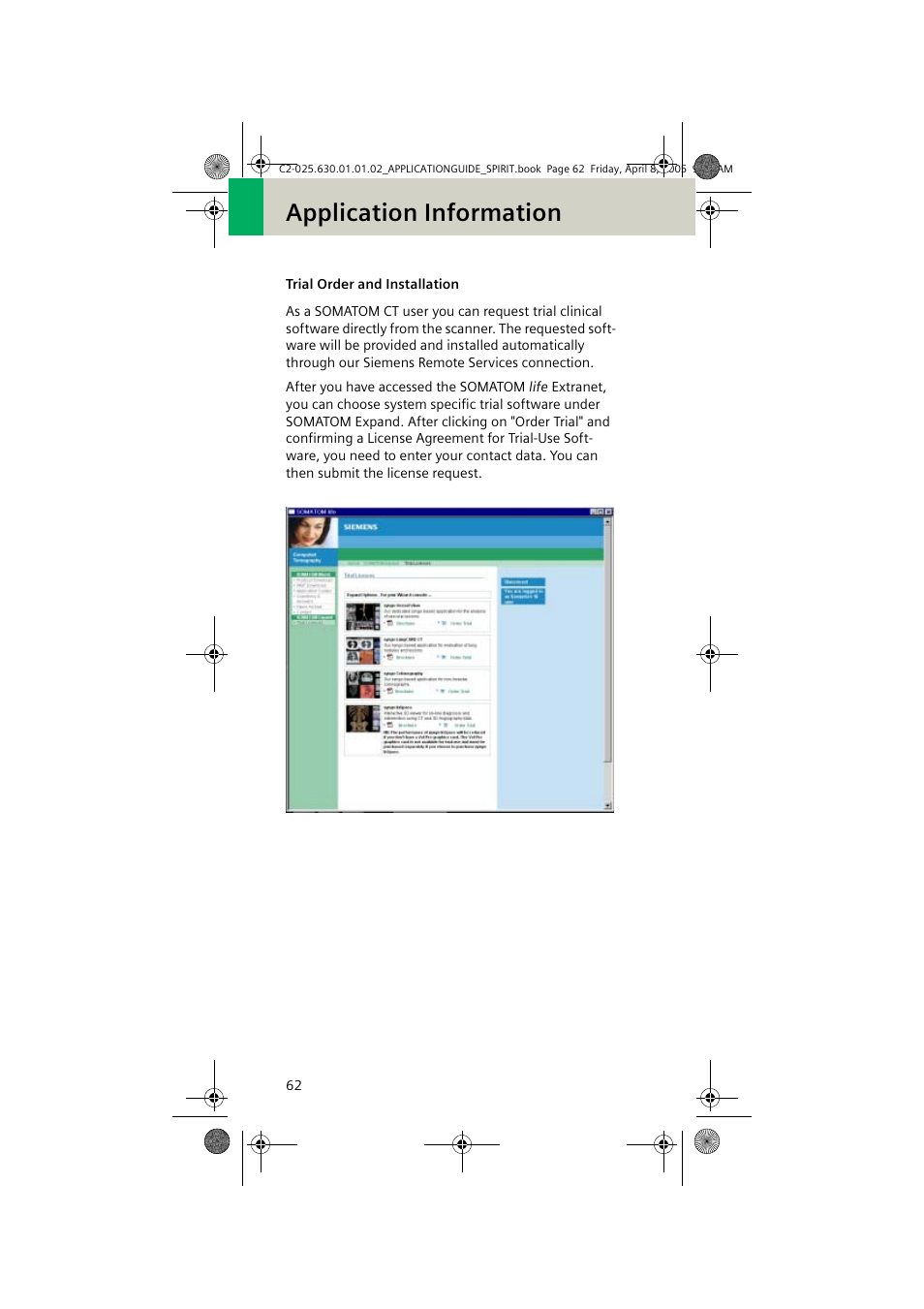 Trial order and installation, Application information | Siemens syngo CT 2005C User Manual | Page 62 / 321