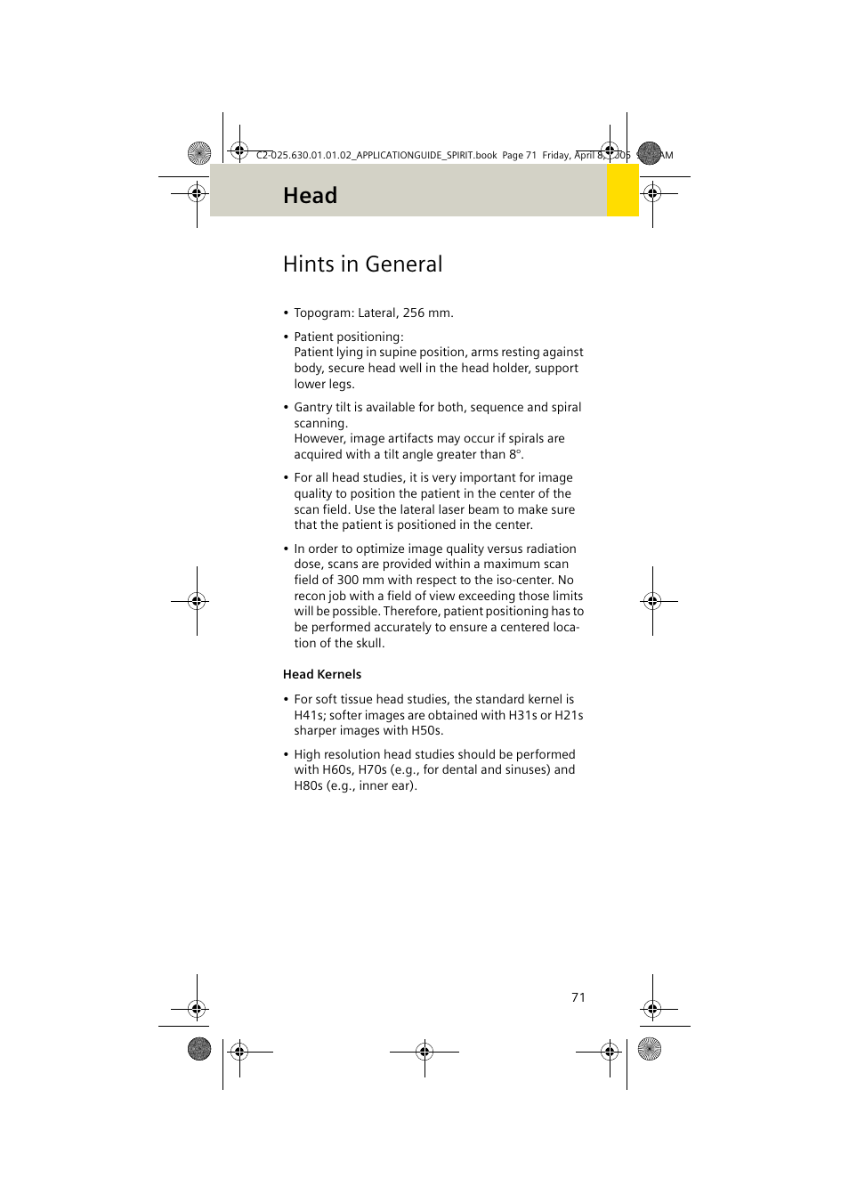 Hints in general, Head kernels, Head | Siemens syngo CT 2005C User Manual | Page 71 / 321