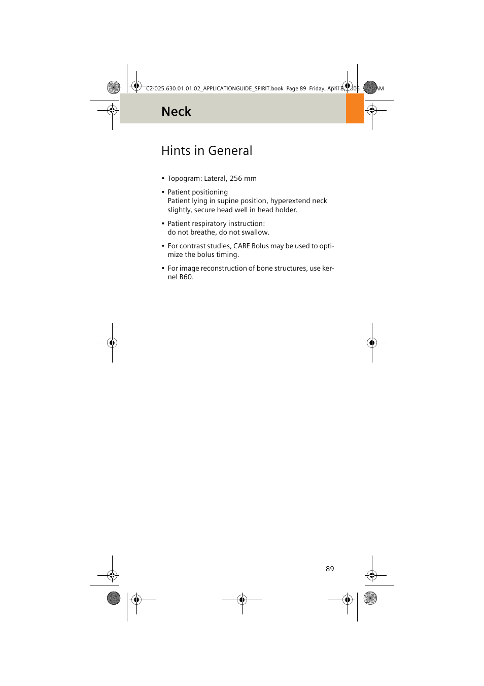 Hints in general, Neck | Siemens syngo CT 2005C User Manual | Page 89 / 321