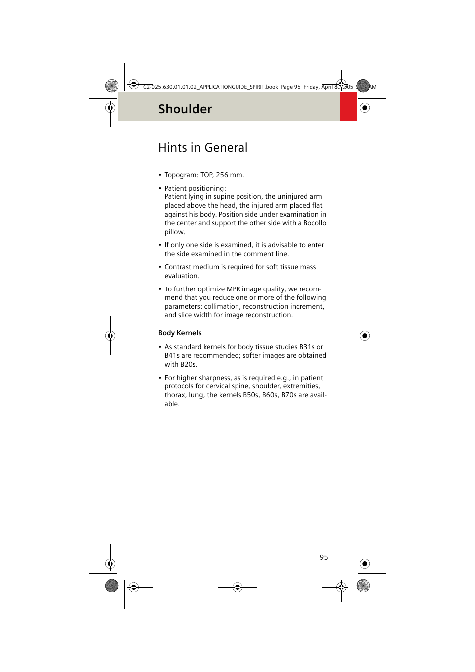Hints in general, Body kernels, Shoulder | Siemens syngo CT 2005C User Manual | Page 95 / 321
