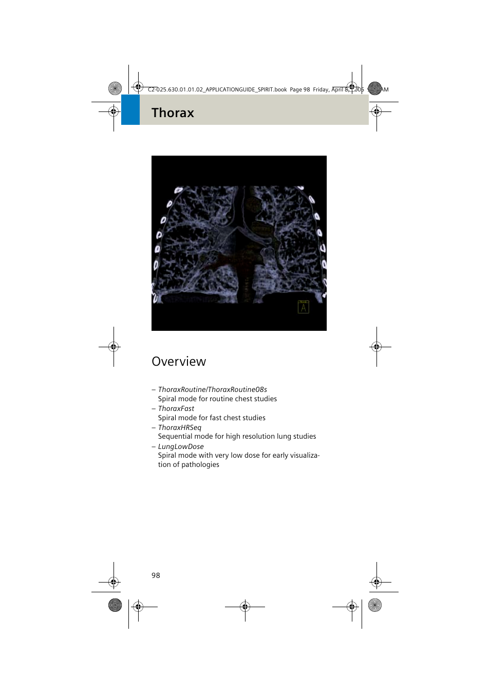 Thorax, Overview, Thorax overview | Siemens syngo CT 2005C User Manual | Page 98 / 321