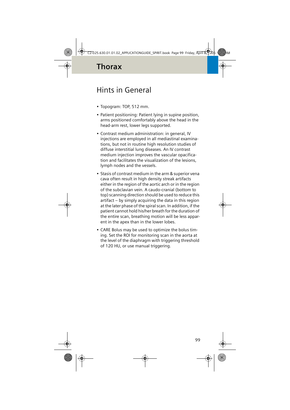 Hints in general, Thorax | Siemens syngo CT 2005C User Manual | Page 99 / 321