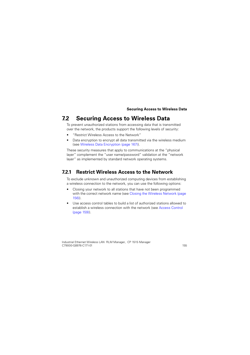 2 securing access to wireless data, 1 restrict wireless access to the network, Securing access to wireless data | Restrict wireless access to the network, 6hfxulqj $ffhvv wr :luhohvv 'dwd, 5hvwulfw :luhohvv $ffhvv wr wkh 1hwzrun | Siemens CP 1515 User Manual | Page 155 / 299