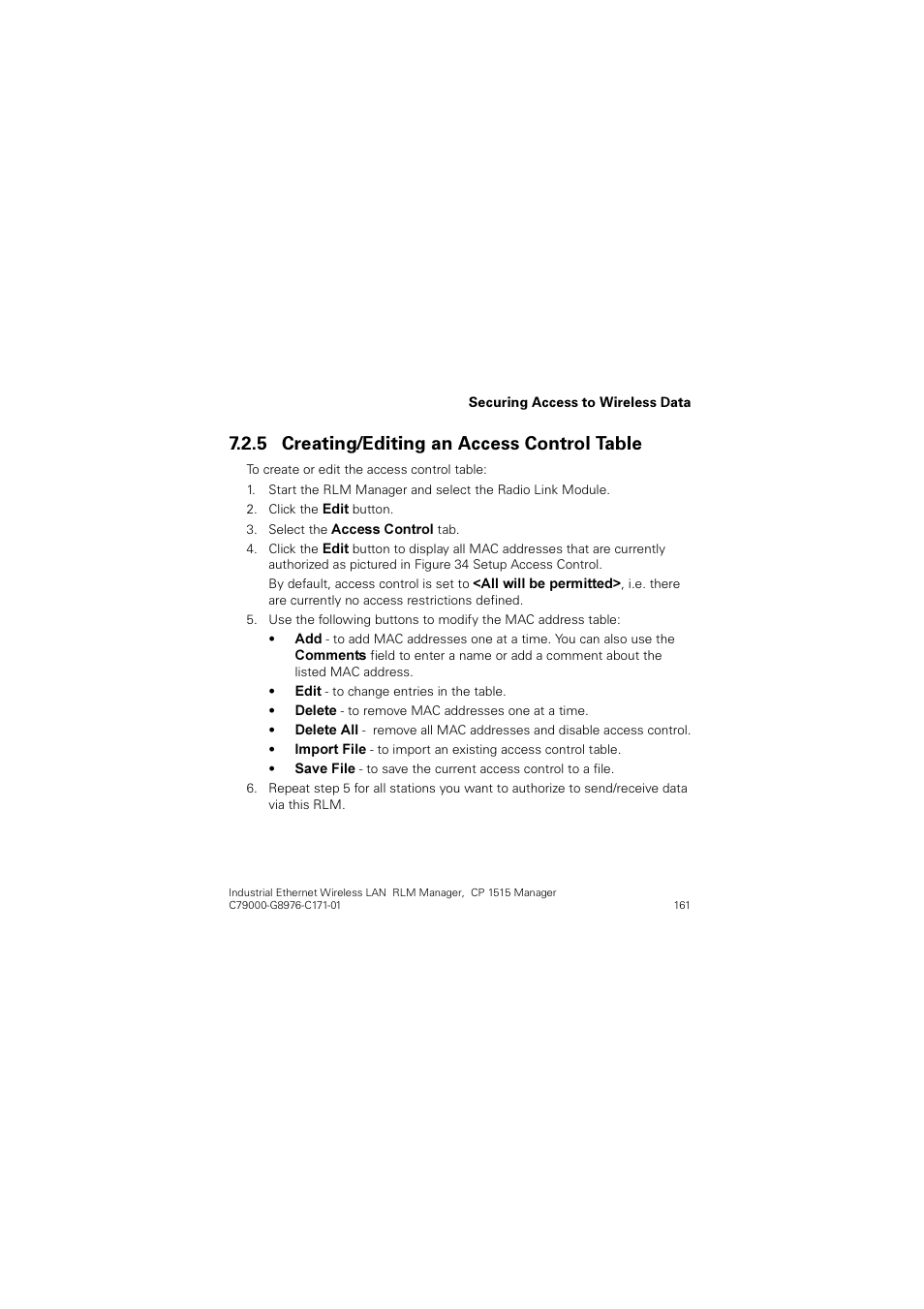 5 creating/editing an access control table, Creating/editing an access control table, Uhdwlqj(glwlqj dq $ffhvv &rqwuro 7deoh | Siemens CP 1515 User Manual | Page 161 / 299