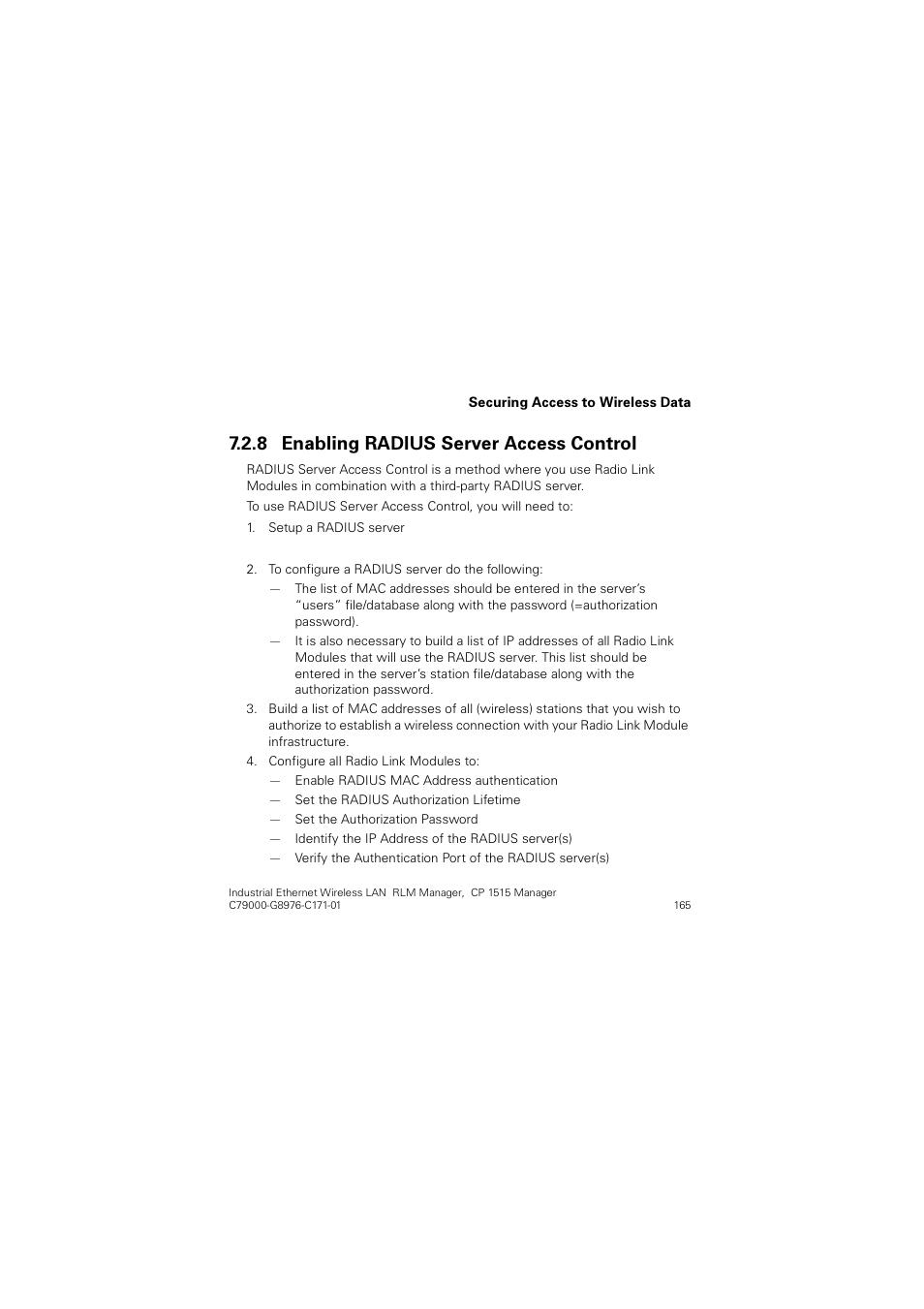 8 enabling radius server access control, Enabling radius server access control, Enabling radius server | Qdeolqj 5$',86 6huyhu $ffhvv &rqwuro | Siemens CP 1515 User Manual | Page 165 / 299