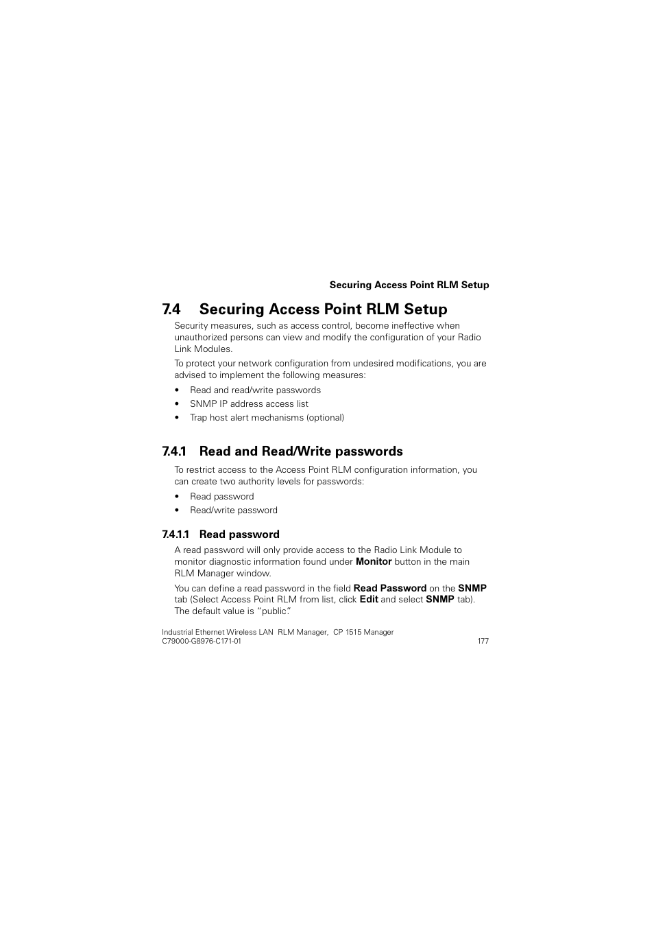 4 securing access point rlm setup, 1 read and read/write passwords, Securing access point rlm setup | Read and read/write passwords, 5hdg dqg 5hdg:ulwh sdvvzrugv | Siemens CP 1515 User Manual | Page 177 / 299