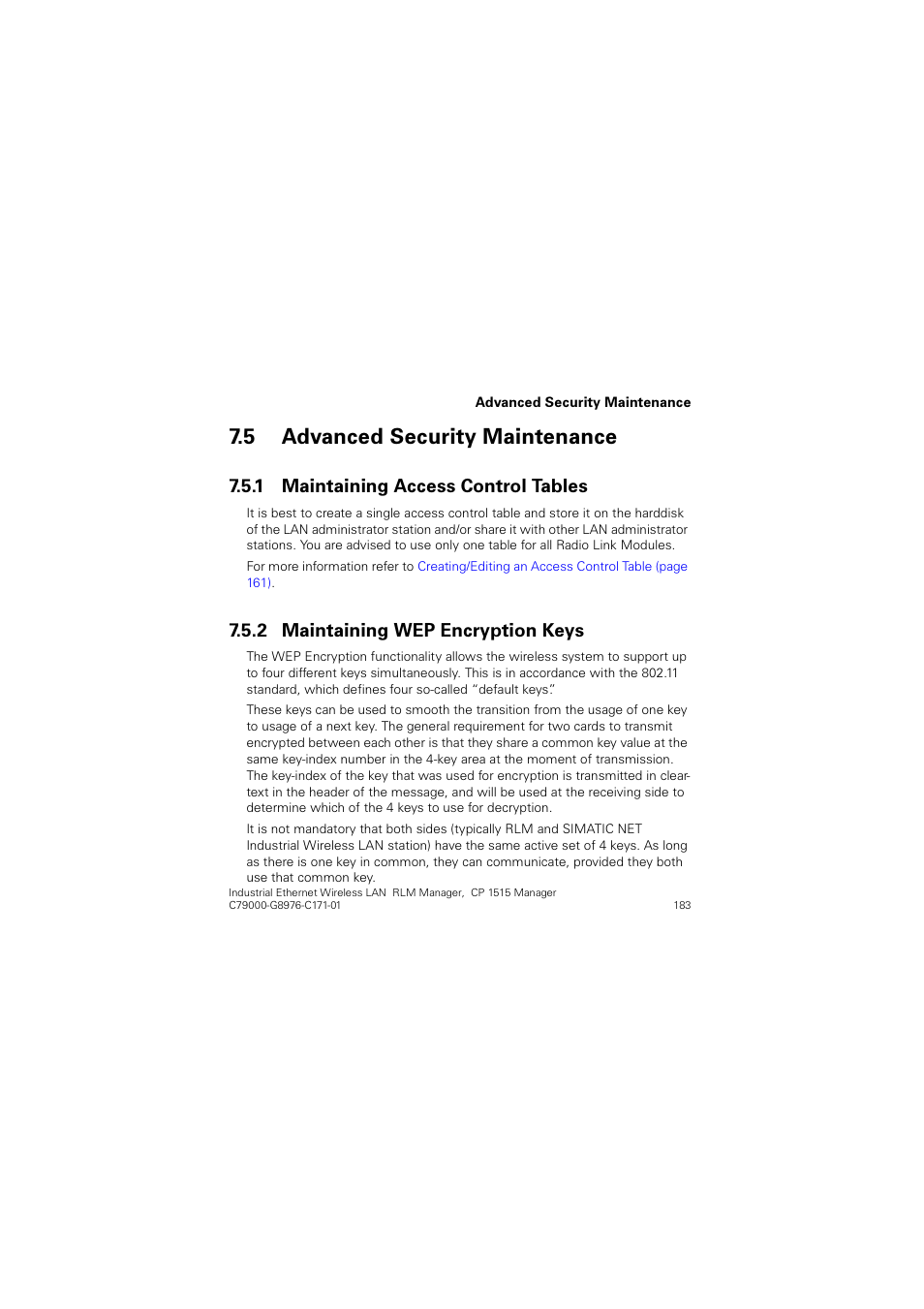 5 advanced security maintenance, 1 maintaining access control tables, 2 maintaining wep encryption keys | Advanced security maintenance, Maintaining access control tables, Maintaining wep encryption keys, Gydqfhg 6hfxulw\ 0dlqwhqdqfh, 0dlqwdlqlqj $ffhvv &rqwuro 7deohv, 0dlqwdlqlqj :(3 (qfu\swlrq .h\v | Siemens CP 1515 User Manual | Page 183 / 299