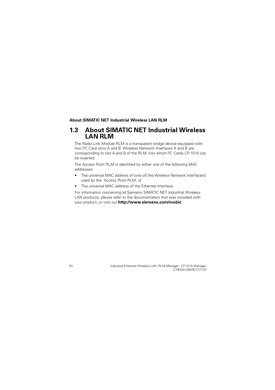 3 about simatic net industrial wireless lan rlm, About simatic net industrial wireless lan rlm | Siemens CP 1515 User Manual | Page 20 / 299