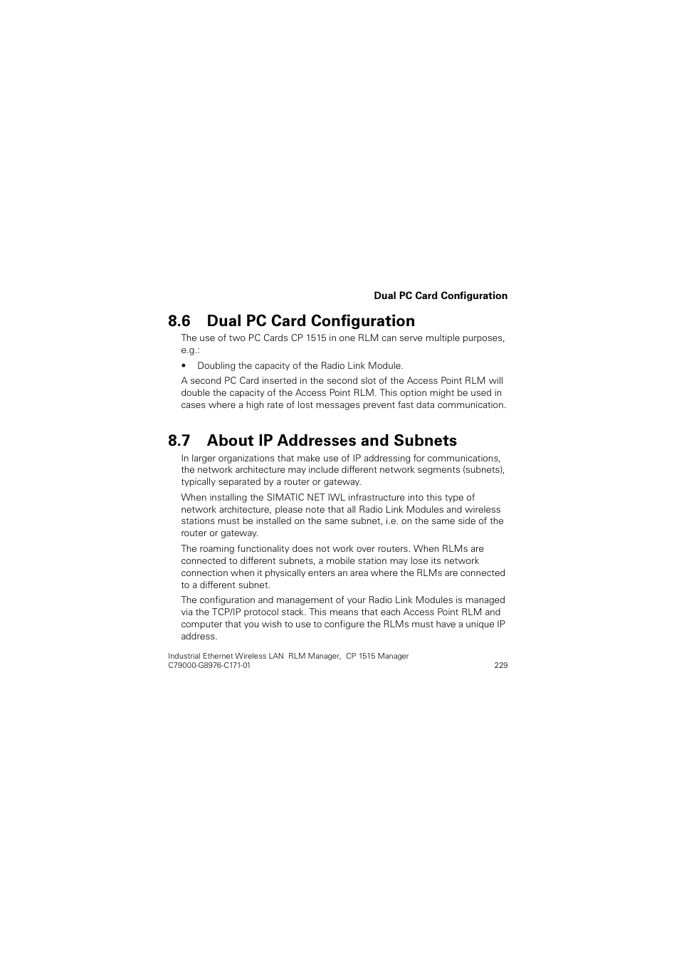 6 dual pccard configuration, 7 about ip addresses and subnets, Dual pc card configuration | About ip addresses and subnets, Xdo 3& &dug &rqiljxudwlrq, Erxw ,3 $gguhvvhv dqg 6xeqhwv | Siemens CP 1515 User Manual | Page 229 / 299