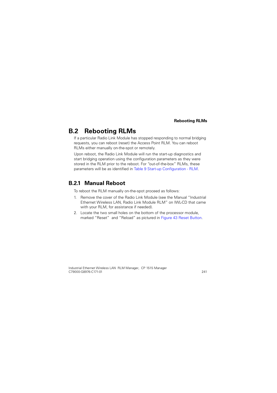 B.2 rebooting rlms, B.2.1 manual reboot, Rebooting rlms | 5herrwlqj 5/0v, 0dqxdo 5herrw | Siemens CP 1515 User Manual | Page 241 / 299