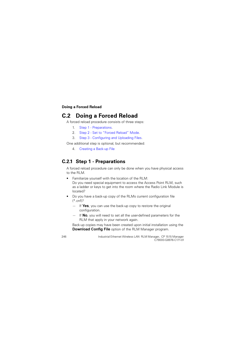 C.2 doing a forced reload, C.2.1 step 1 - preparations, Doing a forced reload | Rlqj d )rufhg 5hordg, 6whs   3uhsdudwlrqv | Siemens CP 1515 User Manual | Page 246 / 299