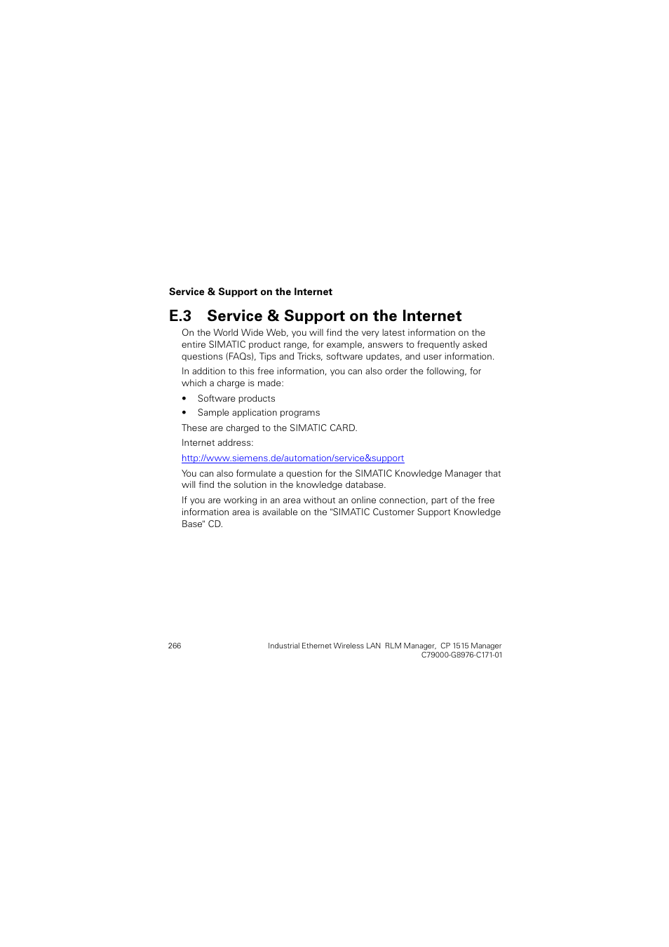 E.3 service & support on the internet, Service & support on the internet, 6huylfh 6xssruw rq wkh ,qwhuqhw | Siemens CP 1515 User Manual | Page 266 / 299