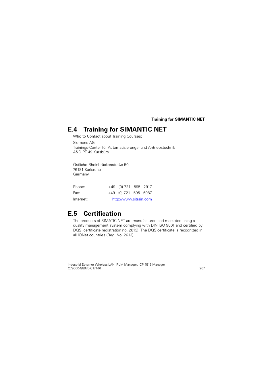 E.4 training for simantic net, E.5 certification, Training for simantic net | Certification, Huwlilfdwlrq | Siemens CP 1515 User Manual | Page 267 / 299