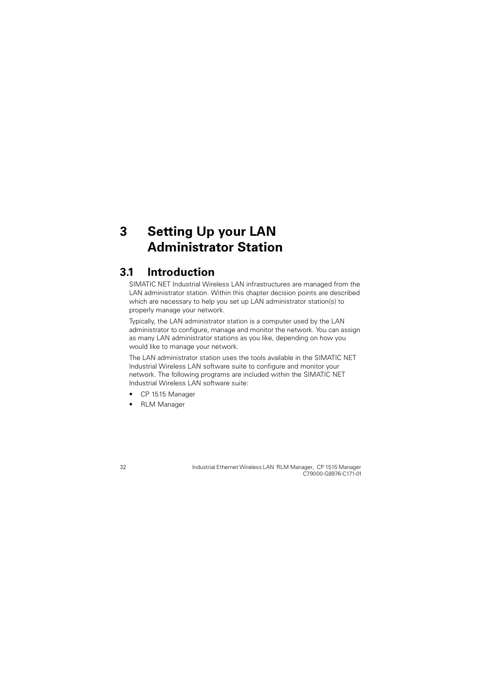 3 setting up your lan administrator station, 1 introduction, 6hwwlqj 8s \rxu /$1 $gplqlvwudwru 6wdwlrq | Introduction, 3 “setting up your lan administrator station, Qwurgxfwlrq | Siemens CP 1515 User Manual | Page 32 / 299