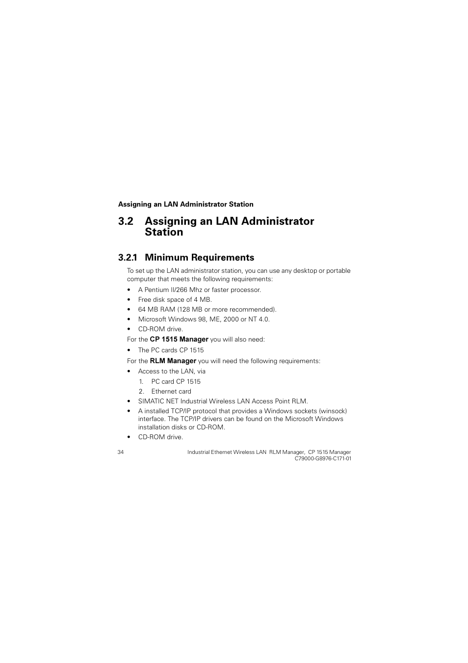 2 assigning an lan administrator station, 1 minimum requirements, Assigning an lan administrator station | Minimum requirements, Vvljqlqj dq /$1 $gplqlvwudwru 6wdwlrq, 0lqlpxp 5htxluhphqwv | Siemens CP 1515 User Manual | Page 34 / 299