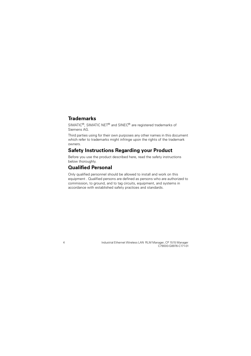 7udghpdunv, 6dihw\ ,qvwuxfwlrqv 5hjduglqj \rxu 3urgxfw, 4xdolilhg 3huvrqdo | Siemens CP 1515 User Manual | Page 4 / 299