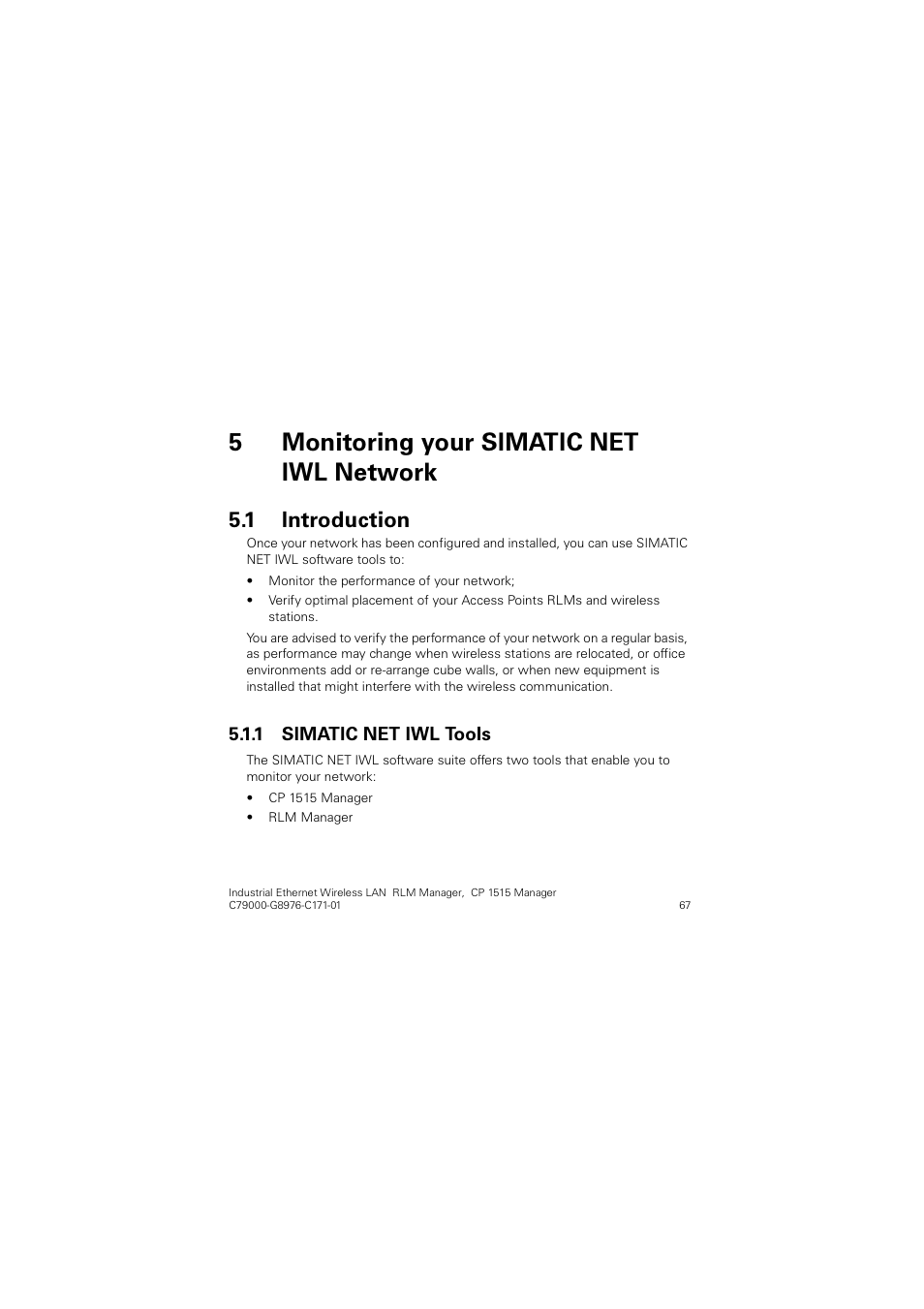 5 monitoring your simatic net iwl network, 1 introduction, 1 simatic net iwl tools | 0rqlwrulqj \rxu 6,0$7,& 1(7 ,:/ 1hwzrun, Introduction, Simatic net iwl tools, 5 “monitoring your simatic net iwl network, Qwurgxfwlrq | Siemens CP 1515 User Manual | Page 67 / 299