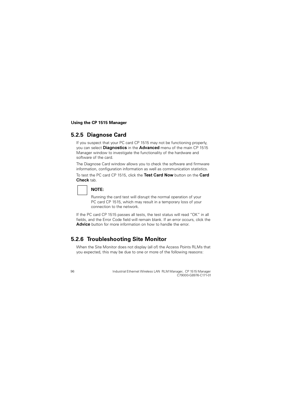 5 diagnose card, 6 troubleshooting site monitor, Diagnose card | Troubleshooting site monitor, Ldjqrvh &dug, 7urxeohvkrrwlqj 6lwh 0rqlwru | Siemens CP 1515 User Manual | Page 96 / 299