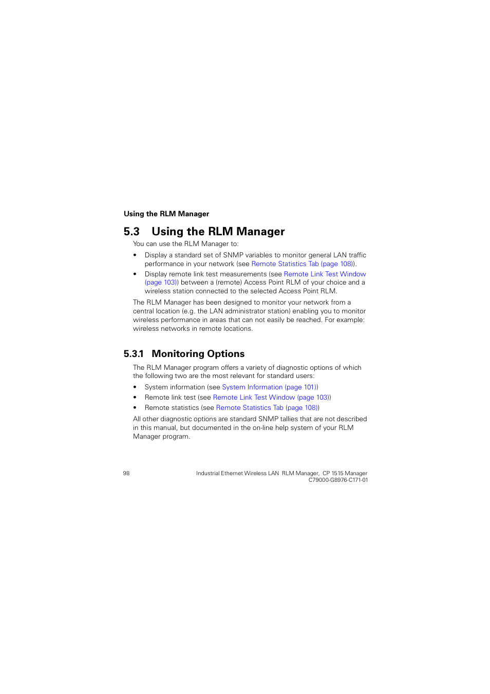 3 using the rlm manager, 1 monitoring options, Using the rlm manager | Monitoring options, 8vlqj wkh 5/0 0dqdjhu, 0rqlwrulqj 2swlrqv | Siemens CP 1515 User Manual | Page 98 / 299