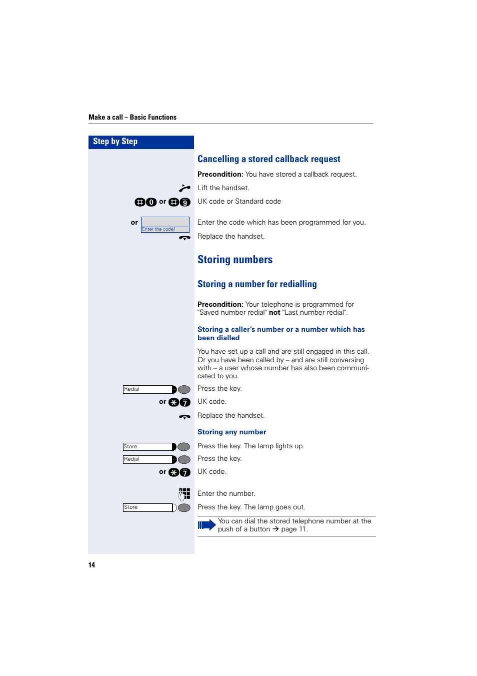 Cancelling a stored callback request, Storing numbers, Storing a number for redialling | Siemens HiPath 4000 User Manual | Page 14 / 51