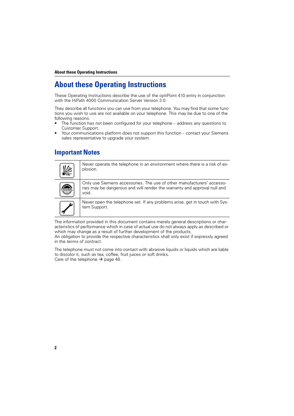 About these operating instructions, Important notes | Siemens HiPath 4000 User Manual | Page 2 / 51