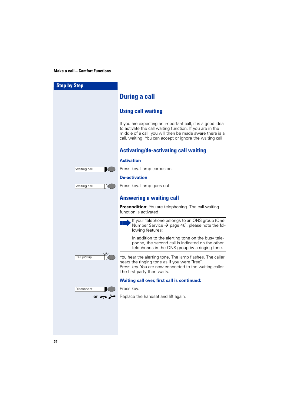 During a call, Using call waiting, Activating/de-activating call waiting | Answering a waiting call | Siemens HiPath 4000 User Manual | Page 22 / 51