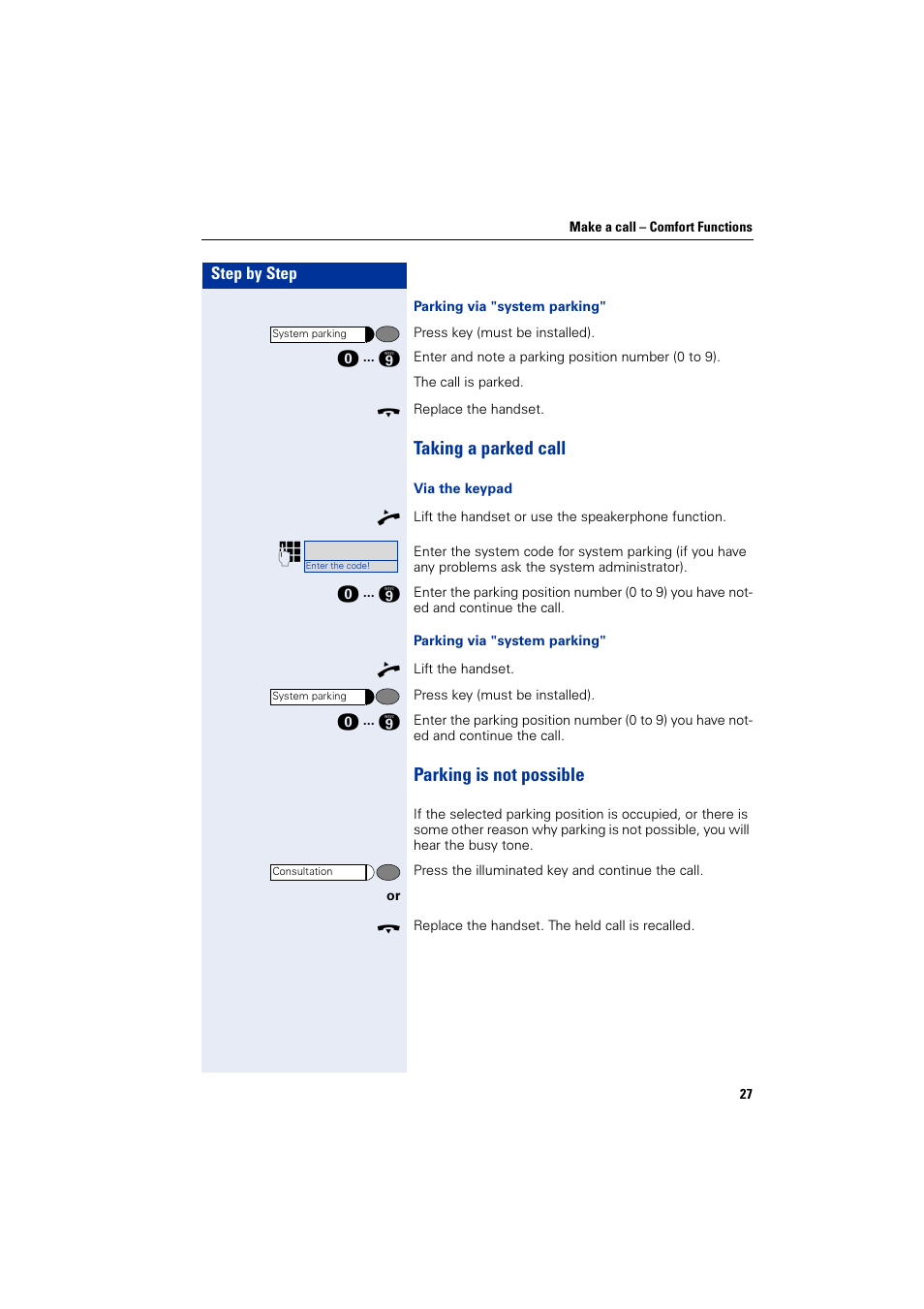 Taking a parked call, Parking is not possible, Taking a parked call parking is not possible | Siemens HiPath 4000 User Manual | Page 27 / 51