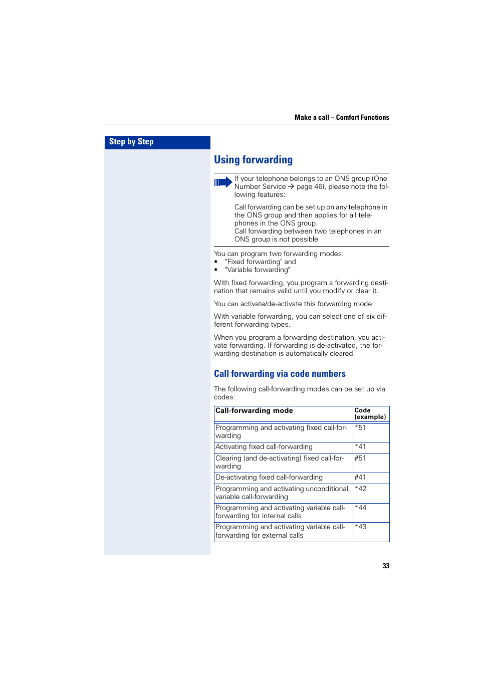 Using forwarding, Call forwarding via code numbers | Siemens HiPath 4000 User Manual | Page 33 / 51